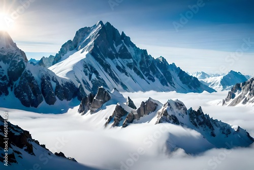   A majestic view of snow-covered mountain peaks rising above the clouds. The stark contrast between the white snow  blue sky  and rugged terrain creates a striking backdrop.