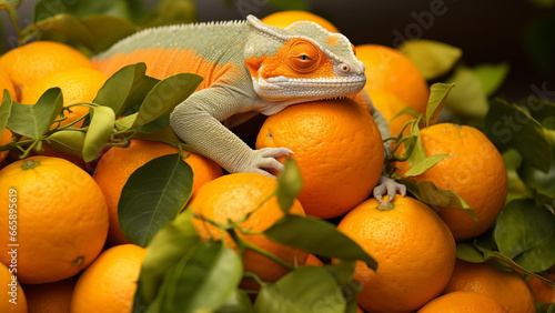 A chameleon with protective colors among oranges photo