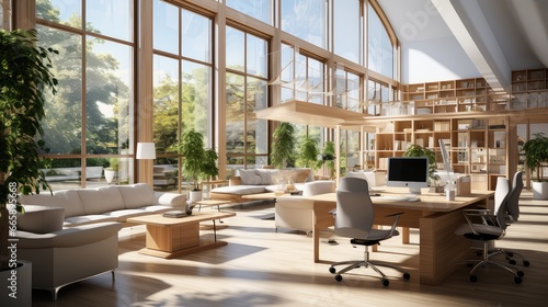 The interior of modern office with wooden floor.