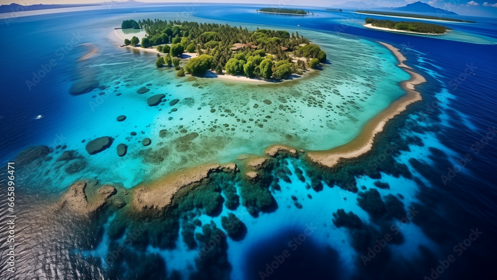 A beautiful view of a small island surrounded by coral reefs in the South Pacific as seen from the air