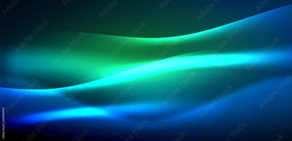 Dynamic waves in ethereal glow of neon lights. Concept merges fluidity of motion with vibrant allure of neon, crafting entrancing backdrop that embodies both vitality and futuristic sophistication Dynamic waves in ethereal glow of neon lights. Concept merges fluidity of motion with vibrant allure of neon, crafting entrancing backdrop that embodies both vitality and futuristic sophistication