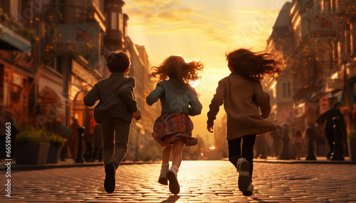 街の中を夕日に向かって走る三人の子供 photo