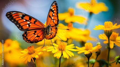 A close-up of a delicate butterfly resting on a vibrant wildflower.