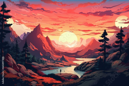 Illustration of a picturesque sunset scene over serene mountains in the evening. Generative AI