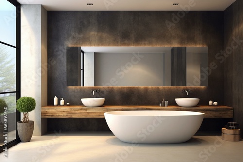 Contemporary restroom with bathtub and basin. Photorealistic visualization. Blank canvases. Generative AI