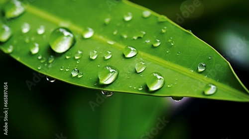 A close-up of a water droplet on a vibrant green leaf.