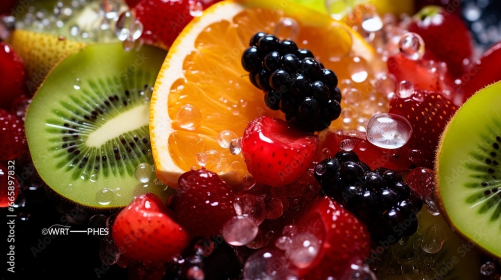 A close-up shot of a vibrant and colorful fruit salad, glistening with freshness. A close-up shot of a vibrant and colorful fruit salad, glistening with freshness.