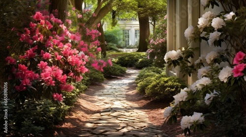 A hidden corner of the garden with blooming azaleas in full splendor.