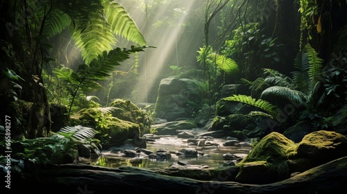 A lush fern grotto with sunlight filtering through the fronds.