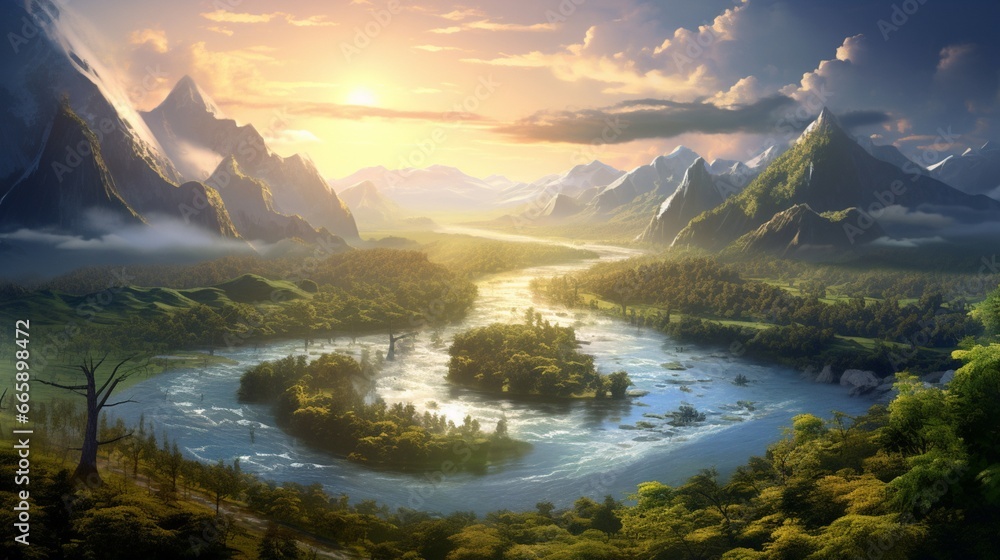A meandering river winding through a picturesque valley, with sunlight filtering through the trees.