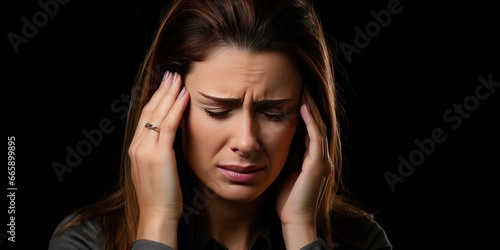 woman with migraine headache holding her head having pain, generative AI