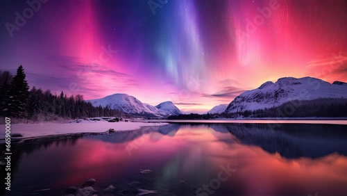 A captivating aurora graces the celestial realm, infusing elegance into the ethereal winter landscape near the lake and mountains
