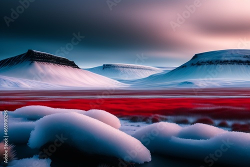A cold landscape with a red house, iceland, snow, ice, cold, ultra realistic.