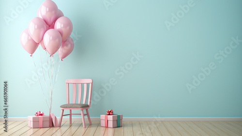 Pastel color room fill with baloons and presents.