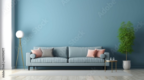 Empty living room wall sky blue simple wall simple generative ai