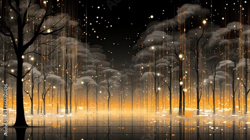 AI-generated landscape illustration of a glowing twilight and precipitation among the trees. MidJourney.