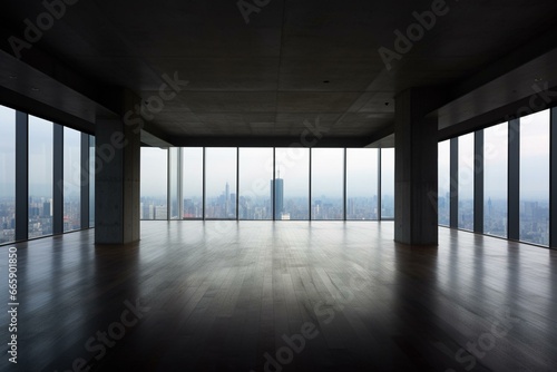 Spacious city-view empty chamber. Generative AI