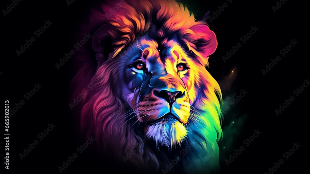 Image of a lion head with beautiful bright colors on generative ai