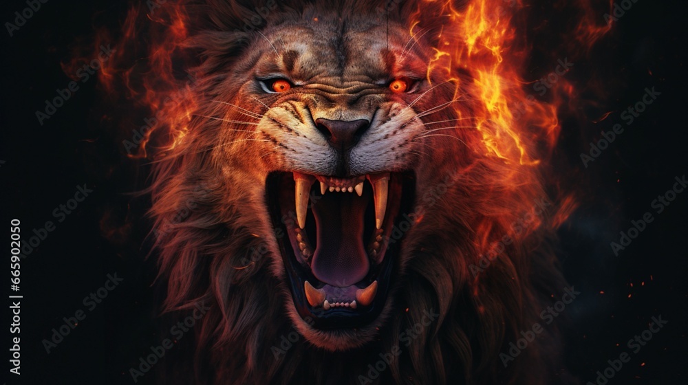 Image of an angry lion and flames Wildlife Animals generative ai - obrazy, fototapety, plakaty 