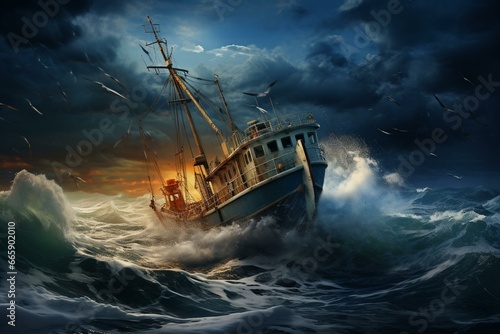 AI illustration: fishing boat at sea in storm. Generative AI