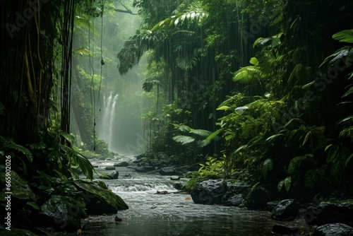 A lush jungle during rainfall. Generative AI