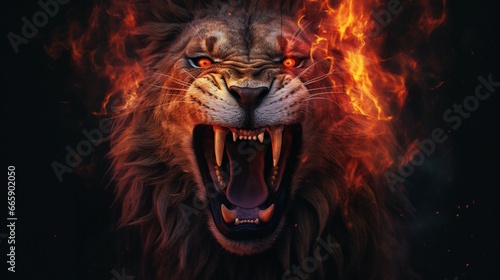 Image of an angry lion and flames Wildlife Animals generative ai photo