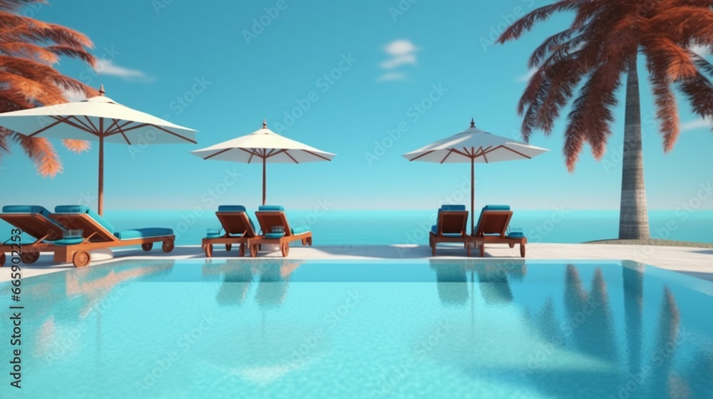 Luxurious swimming pool and loungers umbrellas near generative ai