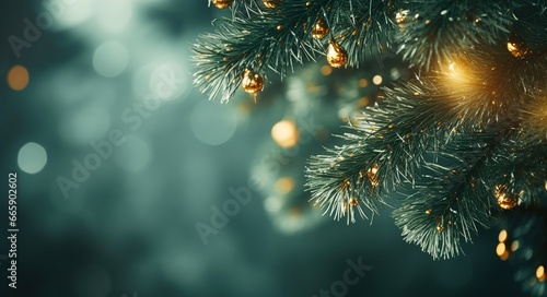 christmas festive fir pine tree branch with glowing lights warm and ornaments decoration holiday background