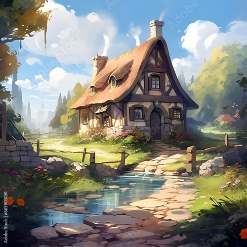 Images of painting french country cottage art and watercolor, in the style of cyril rolando, paul barson, stone, sketchy, whistlerian- Generated with Ai photo