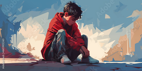 Depressed teenager boy sitting slumped symbolizing bad emotional state photo