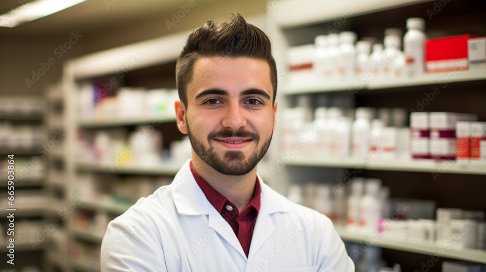 oung Male Pharmacist in a Pharmacy