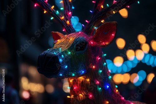 a red-nosed reindeer surrounded by colorful festive lights. Generative AI