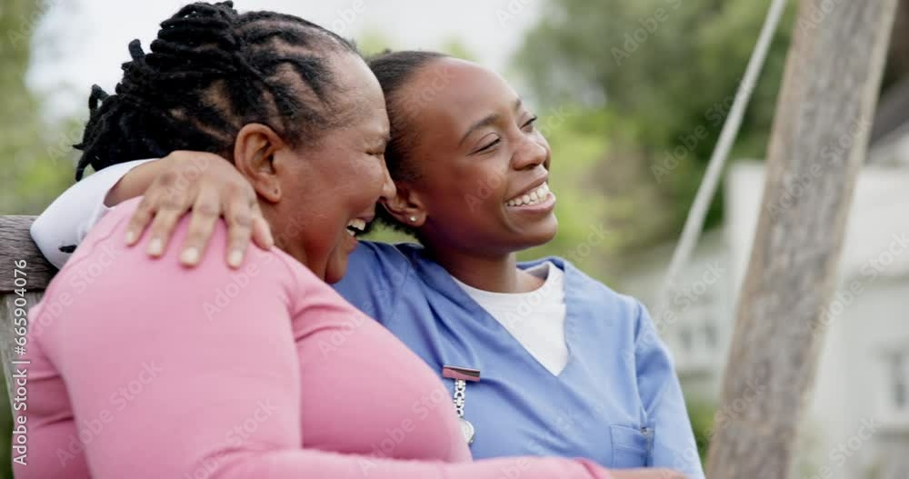 Garden, hug and funny woman with nurse, medical healthcare worker and laughing together in rehabilitation. Mature African person, park and caregiver on bench, embrace and support for trust in nature Garden, hug and funny woman with nurse, medical healthcare worker and laughing together in rehabilitation. Mature African person, park and caregiver on bench, embrace and support for trust in nature