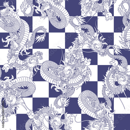 Continuous pattern sketch with Japanese dragon,