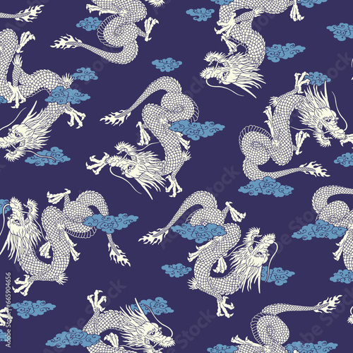 Continuous pattern sketch with Japanese dragon,