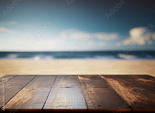 The dark wood table on the beach with a blurred background with copy space. AI Generated.