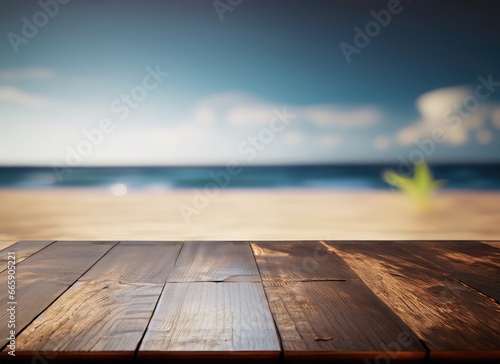 The dark wood table on the beach with a blurred background with copy space. AI Generated.