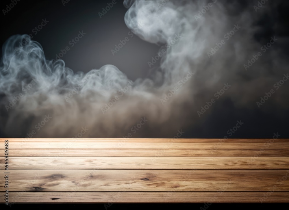  empty wooden table with cloud smoke float up on dark background. AI Generated.