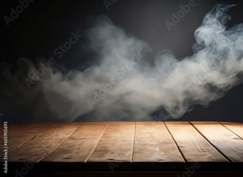  empty wooden table with cloud smoke float up on dark background. AI Generated.