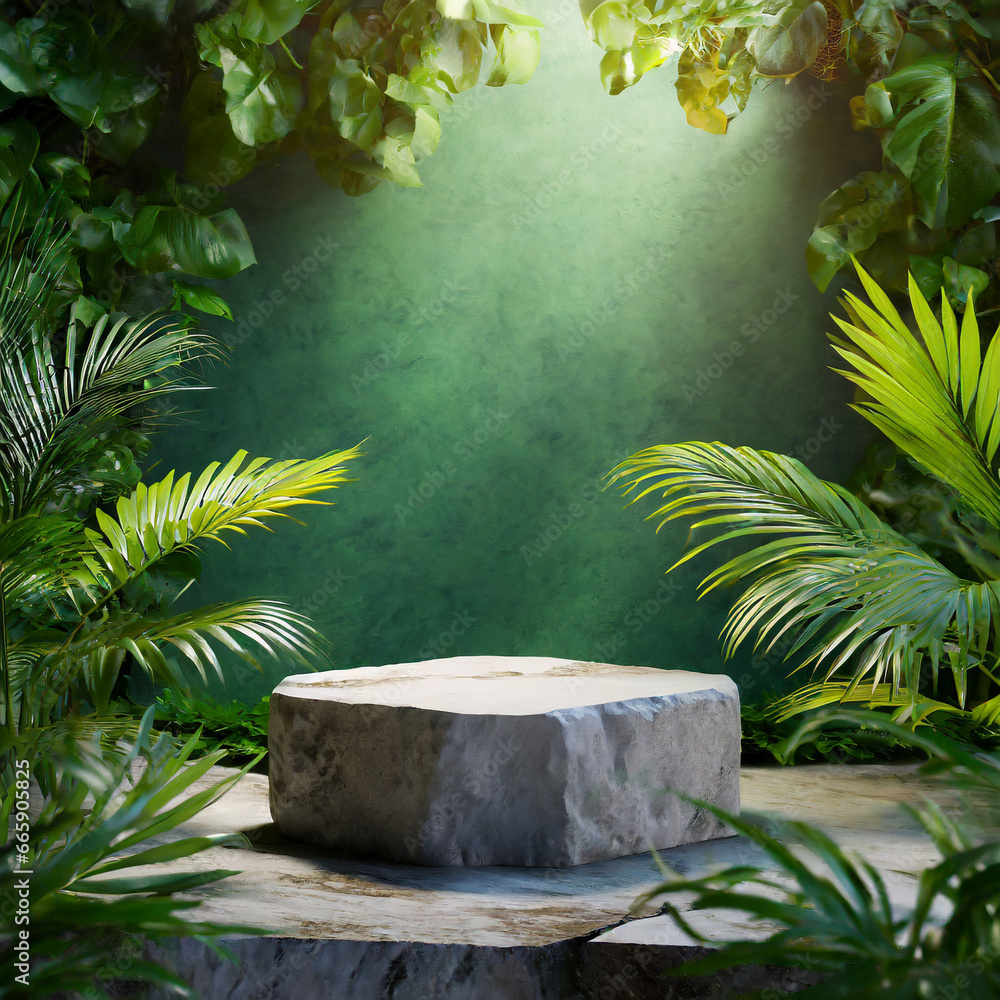 Podium stone in tropical forest for product presentation and green wall. Podium stone in tropical forest for product presentation and green wall.
