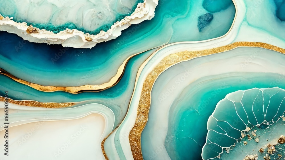 Emerald and aquamarine and gold agate texture wallpaper, intricate stone background
