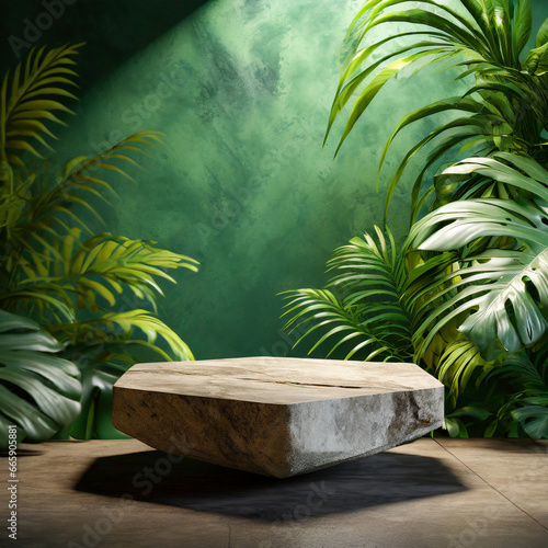 Podium stone in tropical forest for product presentation and green wall.