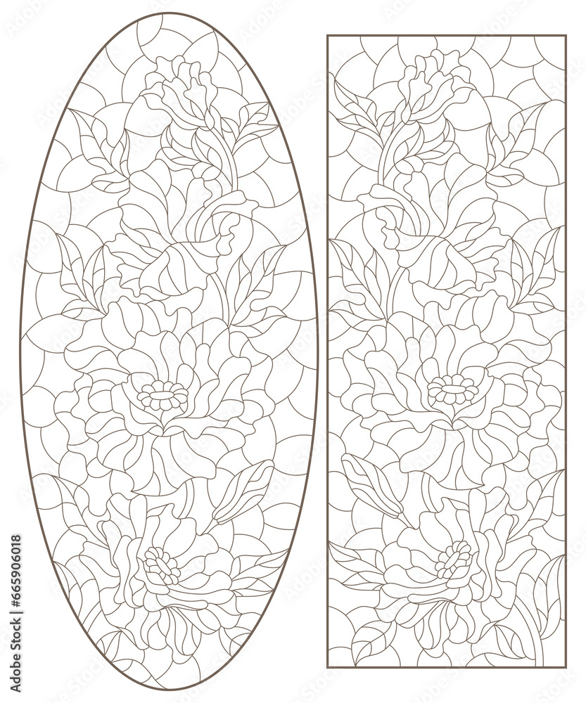 Set of contour stained glass illustrations with poppies flowers , dark contours on white background Set of contour stained glass illustrations with poppies flowers , dark contours on white background