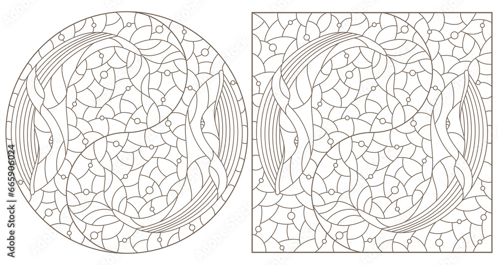 Set of contour illustrations with whales,  dark contours on a light background