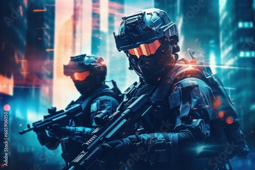 Futuristic special force soldiers, Cyberpunk warrior portrait in neon light background © Nijieimu