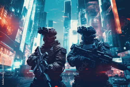 Futuristic special force soldiers, Cyberpunk warrior portrait in neon light background