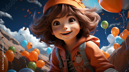 A three-dimensional CG cute girl character, with an orange balloon and a floral background, a child on an adventure journey, with a modern design backpack Generative AI