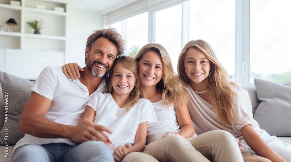 Happy family smiling and embracing while together at couch living home Happy family smiling and embracing while together at couch living home