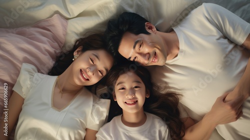 Happy Asian family lying on bed in bedroom.