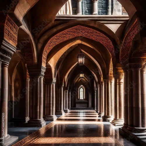 Ancient classic architecture stone arches with flames